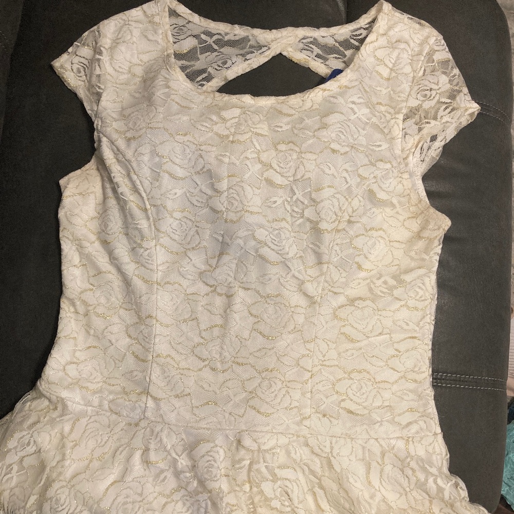 Gold glitter white lace top